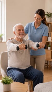 Senior man exercising with dumbbells at home assisted by female caregiver promoting healthy lifestyle and fitness