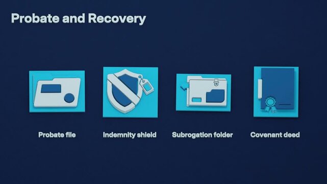 A probate case comparison sets estate proceedings alongside indemnity for losses, subrogation against liable parties and covenant obligations. Flat 3D style.