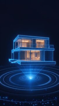 Futuristic digital house hologram with modern architecture glowing in blue light over dark background