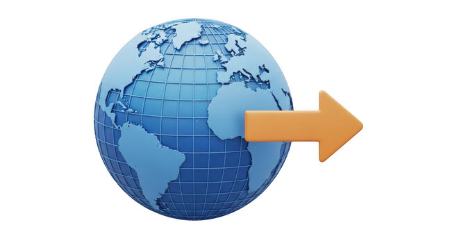 Blue globe with orange arrow pointing right isolated on transparent background