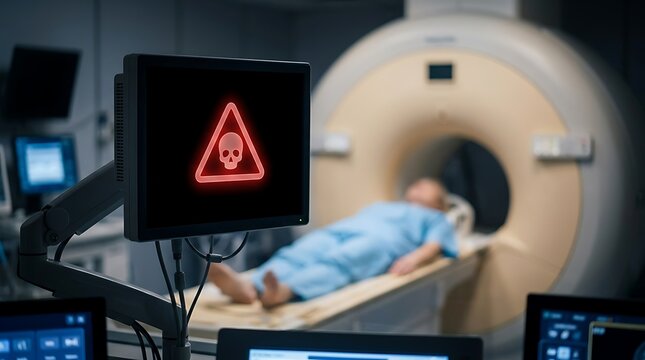 Medical MRI scanner with red skull warning icon on monitor, patient undergoing radiology scan, hospital diagnostic equipment error