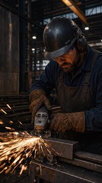 Industrial worker grinding metal with protective gear in factory environment creating sparks
