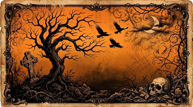 Vintage halloween illustration with spooky bare tree ravens skull and graveyard against an orange backdrop