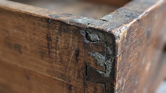 Close-up of an old weathered wooden drawer corner with a worn dovetail joint filled with hardened gray grime