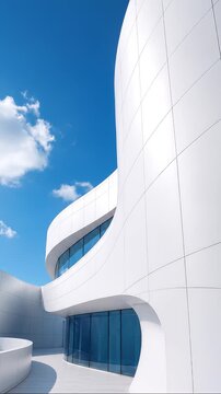Modern white curved building exterior with blue glass windows under clear sky and fluffy clouds