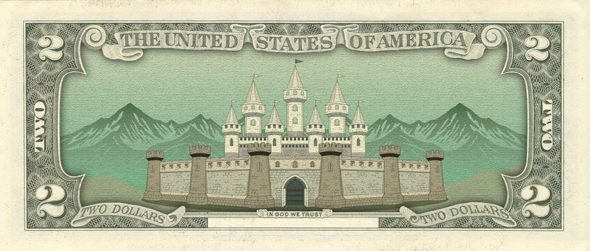 Fairytale banknote. Financial illustration. Obverse, 2 dollars US bill. Ancient, knightly large stone castle. Denomination two. Play money. Greenback. Textures, mountains and towers