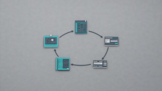 Accrual reconciliation follows a standing procedure from expense recognition through chargeback variance matching to journal adjustment and close. Flat 3D style.