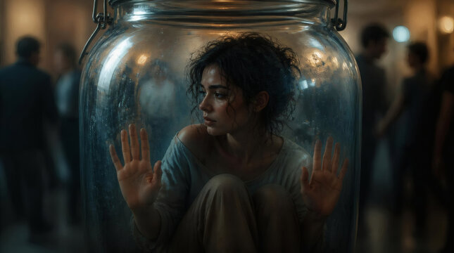 Woman Trapped in Glass Jar Symbolizing Isolation and Loneliness Amidst Blurred Figures