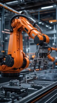 Advanced orange industrial robotic arm working in modern factory automation environment