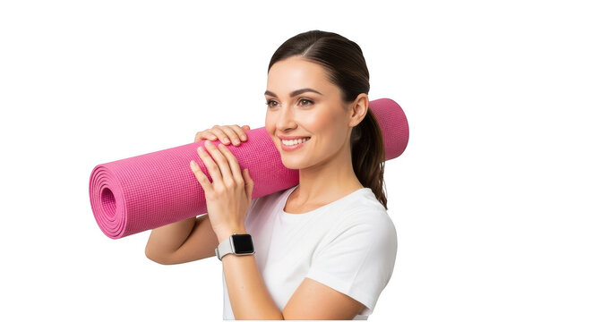 Woman holding pink yoga mat isolated on transparent background cutout