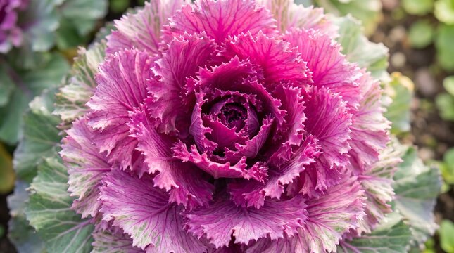 Close up of vibrant purple ornamental kale flower in garden with blurred background