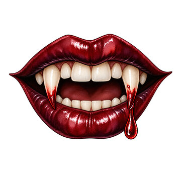 Halloween Watercolor Vampire Fangs with Blood Drop and Glossy Red Lips Transparent PNG Clipart