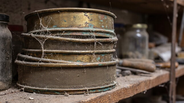 Stack of tarnished brass mesh sieves covered in thick cobwebs and green patina resting on a dusty wooden shelf among old tools