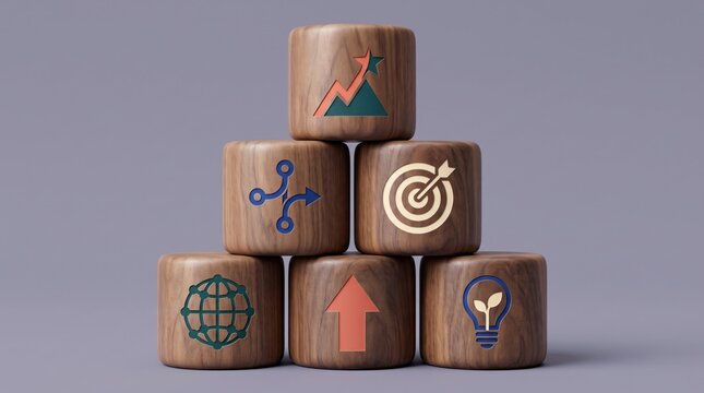 Wooden blocks with business strategy icons for marketing and growth