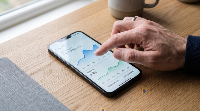 Close up of male hand touching smartphone screen displaying financial growth charts and performance statistics, mobile banking app interface on wooden table surface background.