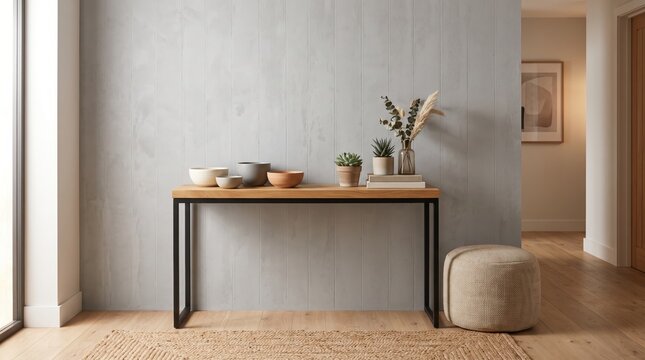Minimalist entryway console table with plants bowls books, gray wood panel wall, woven pouf rug, modern interior design, natural light, cozy home decor, scandinavian style