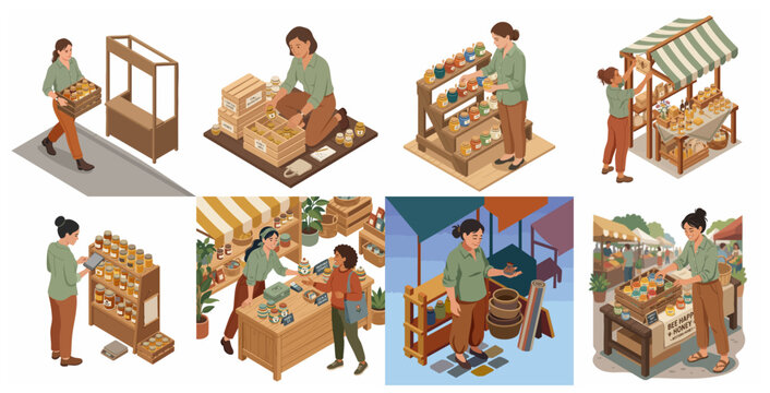 Isometric Illustrations of a Female Entrepreneur Selling Organic Honey and Artisanal Jars at a Farmers Market Stall, Small Business Owner Concept
