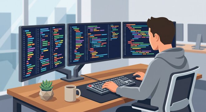 Professional Programmer Coding at a Modern Workstation Vector Illustration