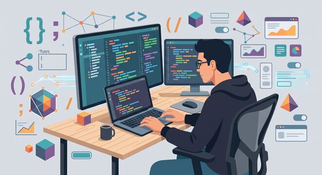 Professional Programmer Coding at a Modern Workstation Vector Illustration