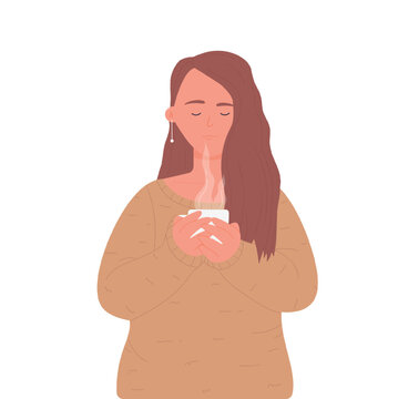 Young gitl with mug of hot tea. Woman drinking hot coffee, tea break vector illustration