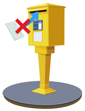 Classic yellow postal mailbox on pedestal with rejected envelope and red X mark representing delivery failure, return to sender, and mail dispatch errors (cut out)
