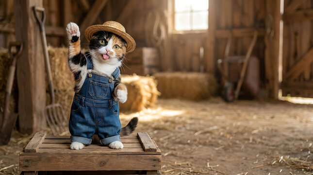 Funny Cat in Overalls and Straw Hat Waving Hello in a Barn