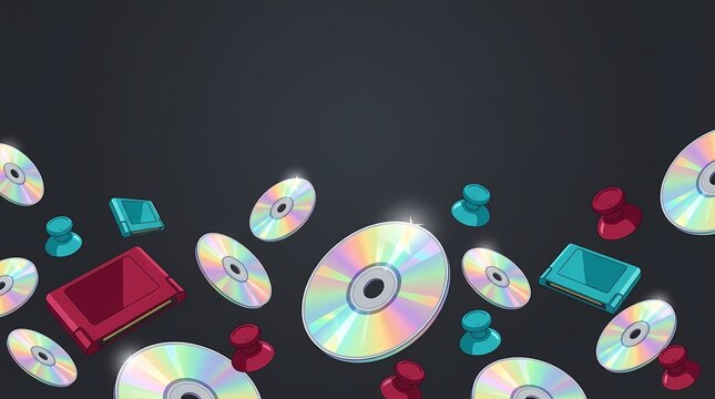 Retro gaming assets featuring shiny compact discs and vintage console cartridges in a flat vector style for tech editorial and social media