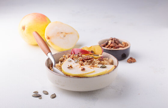 Fall autumn breakfast oats pear apple nuts seeds