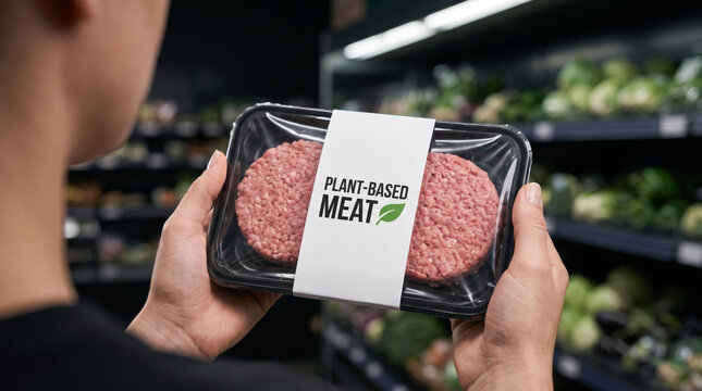 Plant based meat burger package held grocery store. Sustainable organic vegan vegetarian food. alternative protein substitute diet, bio cereal nourishment