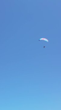 Paraglider soaring gracefully through clear blue sky on bright colorful wing executing smooth diagonal descent during extreme paragliding flight activity. High quality FullHD footage