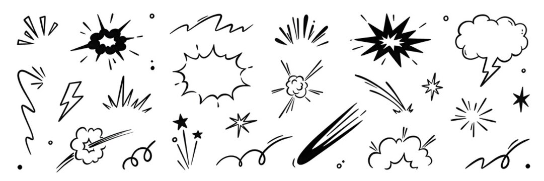 Set of hand drawn comic book style explosion and impact elements isolated on white background