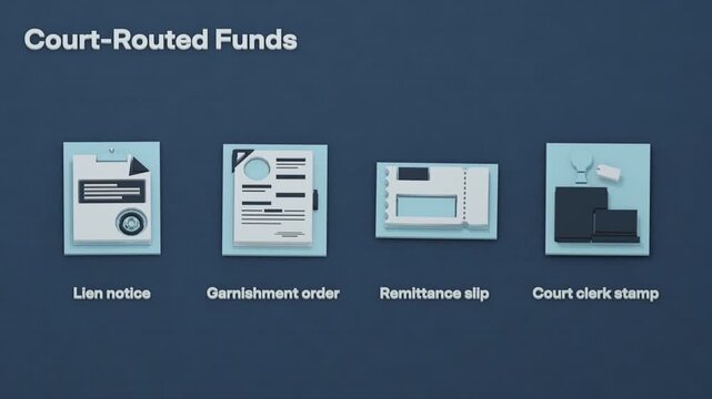 Court garnishment redirects a debtor's payment, with lien notices, withholding orders and remittance records compared by procedural role. Flat 3D style.
