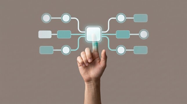 Hand interacting with digital flowchart on brown background