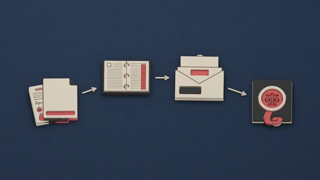 A probate file opens, a covenant breach is marked in the contract, and a garnishment writ directs the estate payout along a designated route. Flat 3D style.