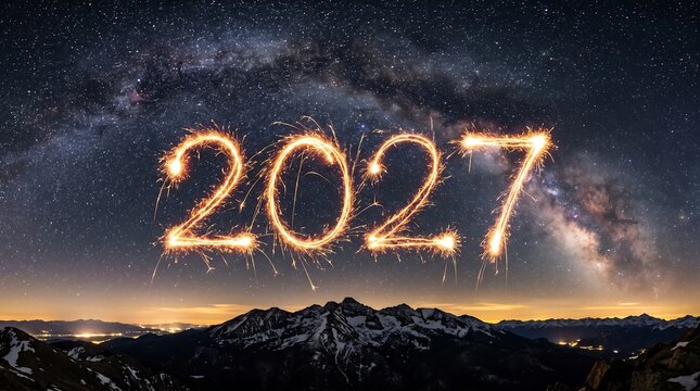 Sparkling numbers forming two thousand twenty seven against a stunning starry night sky and mountain range