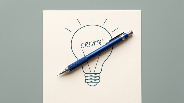 Creative idea generation with lightbulb and pen on paper