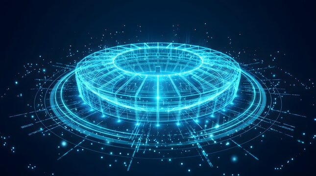 Glowing blue holographic stadium wireframe rendered with intricate geometric lines and floating digital data particles for modern architectural sports visualization