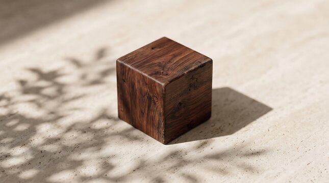 Dark wooden cube with carved characters resting on a textured beige surface with soft shadows