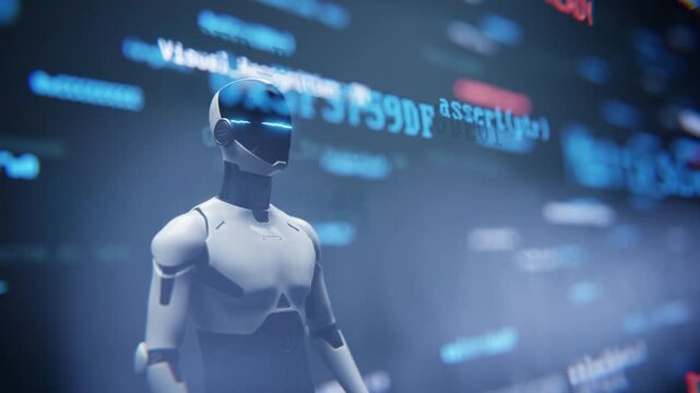 AI robot assistant with blurred code interface background loop