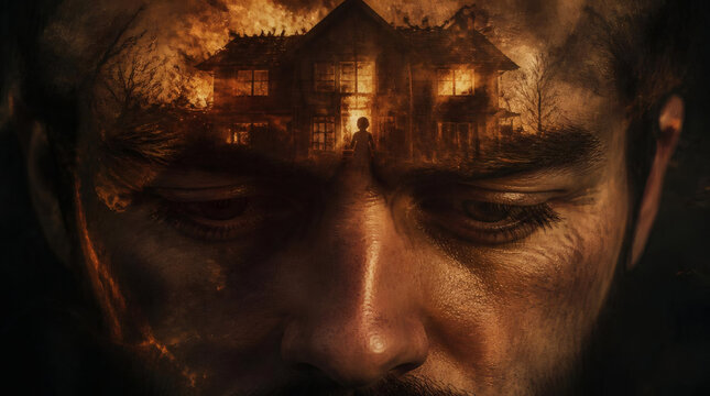 Surrealist Portrait of a Man with a Burning House and Child Reflection