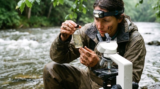 Female environmental researcher analyzing water samples with microscope in a remote forest river during a scientific expedition