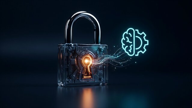 Padlock featuring glowing brain and gear icons representing digital security and artificial intelligence protection for modern cyber privacy software solutions.