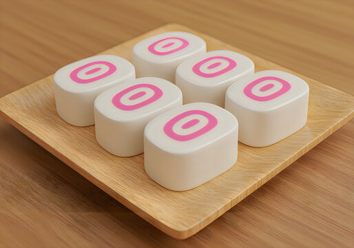 White and pink kamaboko surimi fish cake pieces on a small wooden plate