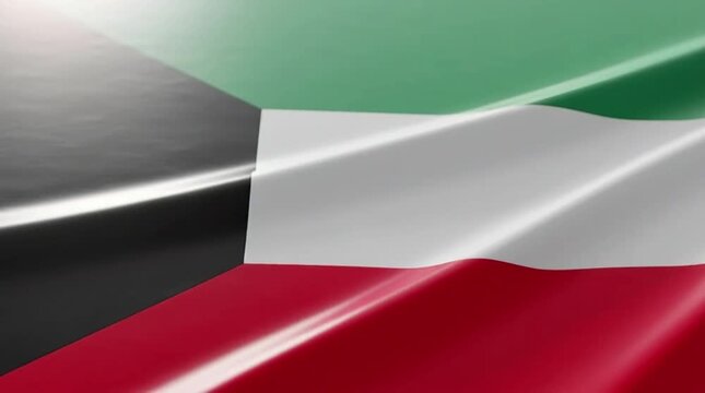 Waving flag of Kuwait with vibrant colors and flowing fabric texture, representing national identity and pride.