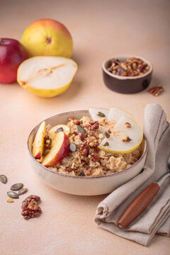 Autumn oats porridge breakfast fresh fruits nuts pear apple