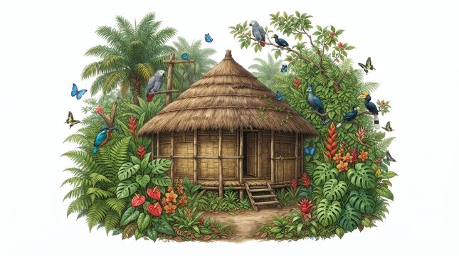 Traditional thatched tropical hut in a lush jungle landscape with exotic birds and flowers on white background