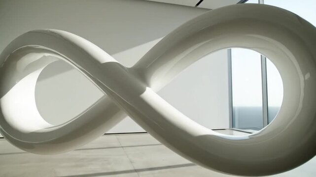 White Infinity Symbol Sculpture Rotates in a Minimalist Modern Art Gallery