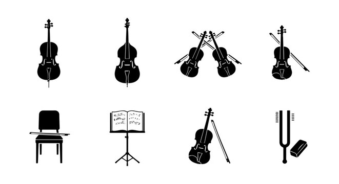 String Orchestra Instruments Vector Icons Set: Cello, Double Bass, Violin, Bow, Music Stand, Chair, Tuning Fork