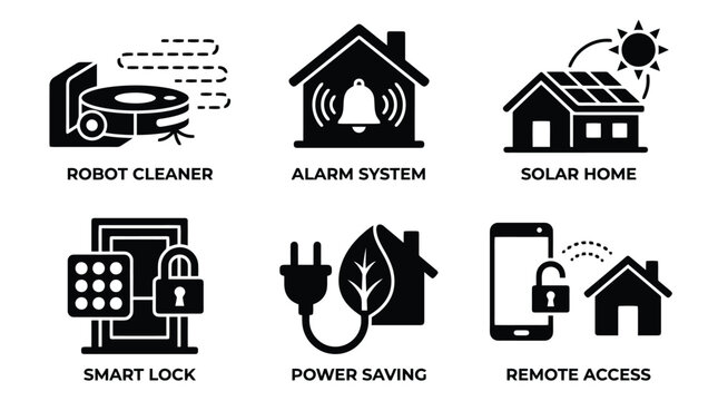 Smart home technology icon set, 6 black vector symbols for automation. Solar energy and security alarm system. Remote access and power saving.