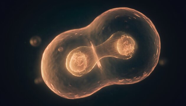 A biological cell undergoing cytokinesis with two distinct nuclei connected by a thin cytoplasmic bridge
